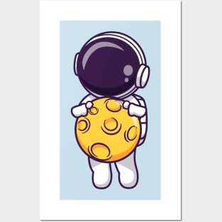 Cute Astronaut Flying With Moon Cartoon Posters and Art